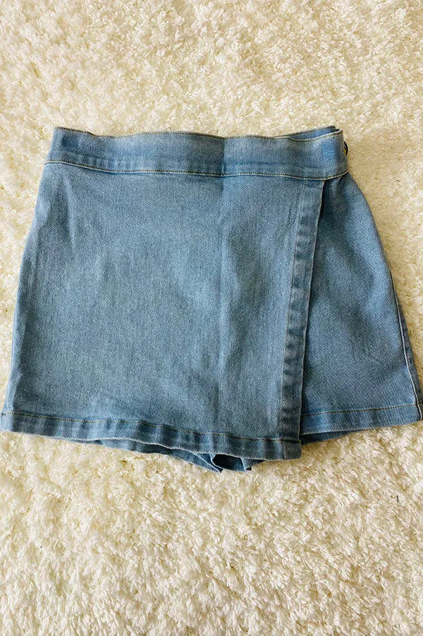 DLH2416 Blue girls asymmetrical hem denim shorts