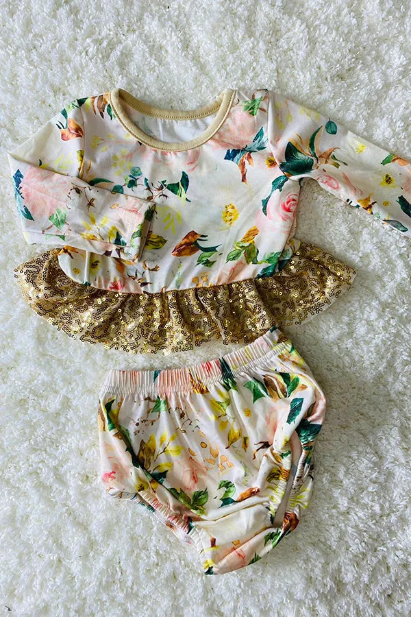 DLH2546 Baby floral printed long sleeve top shorts girls sets