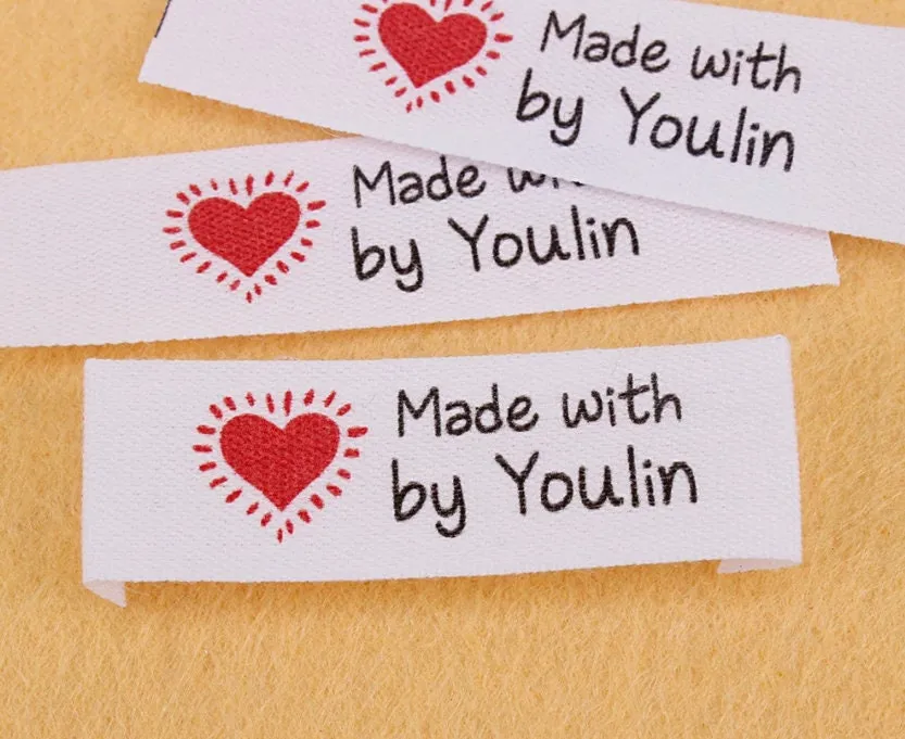 Personalized  Clothing Labels - Custom Sew on Labels - Heart Cloth Tags for Clothes Fabric Knitting Sew in - Fold Over for Handmade Clothes